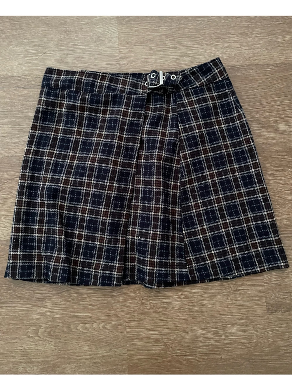 John Galt Plaid Mini Skirt in Navy, Brown & Cream